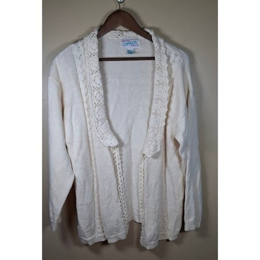 Clovelly Vintage Cream Crochet Lace Trim Open Front Cardigan Ramie Cotton Large